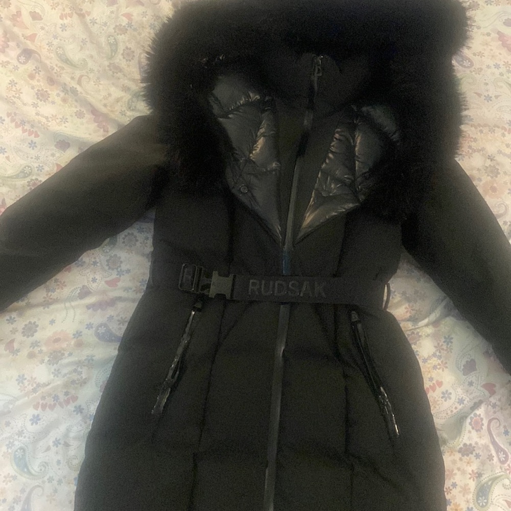 MISALA WOMEN'S LONG DOWN PUFFER WITH RECYCLED LEATHER & FAUX FUR
